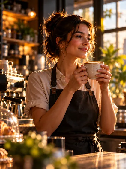 Barista enjoying a coffee in a sunlit café