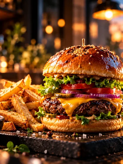 Burger with fries on a dark board