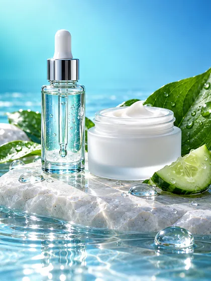 Serum bottle and cream jar on a white stone in clear water