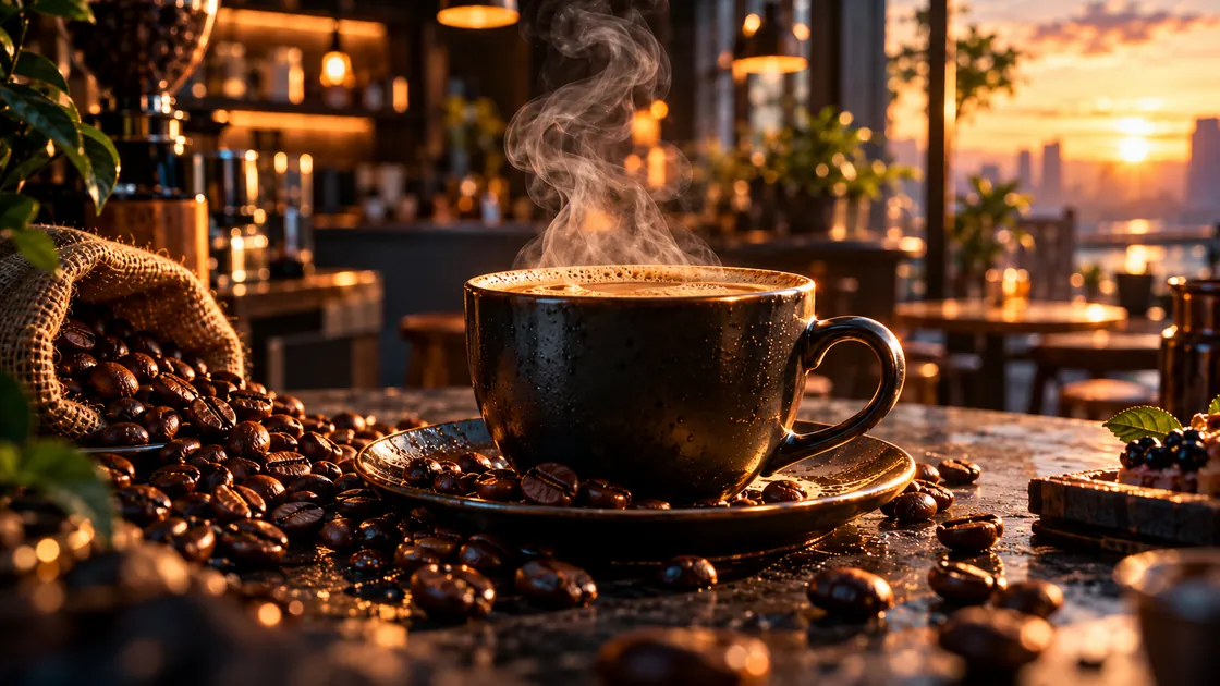 Coffee cup with steam and beans in a café at sunset