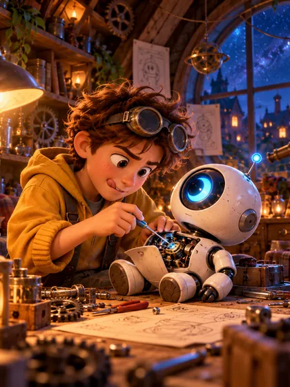 The boy repairing the robot in an attic workshop