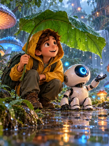 The boy and the robot sheltering under a leaf in the rain