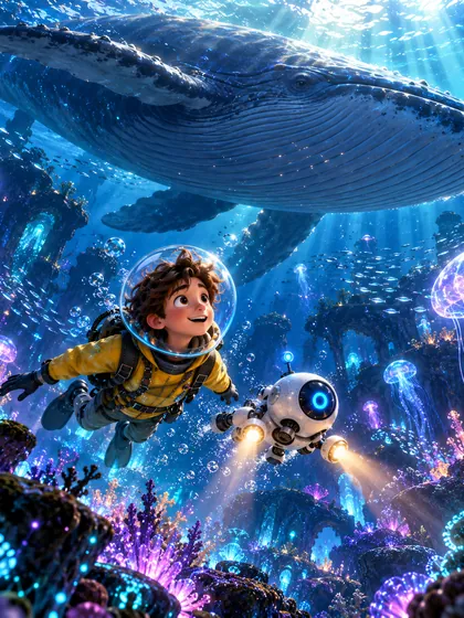 The boy and the robot swimming beneath a giant whale