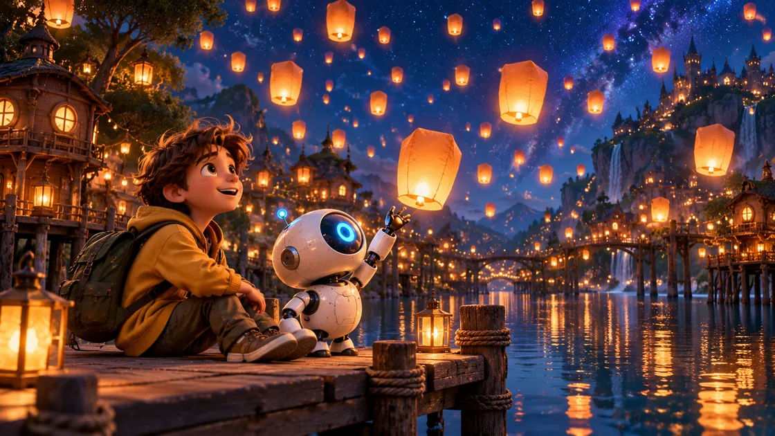 Animated boy and robot watching lanterns rise over a lake village