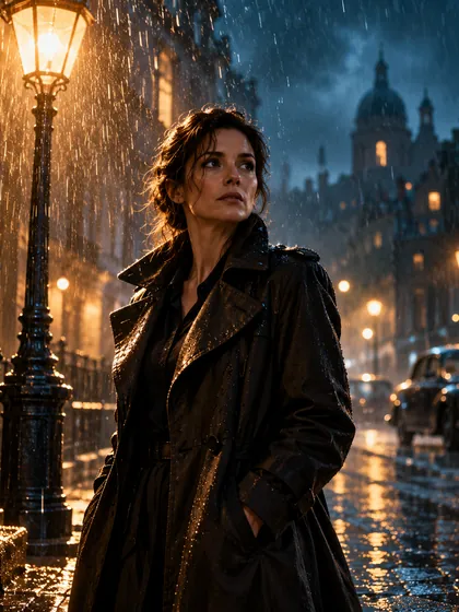 Detective in a trench coat under a street lamp in the rain
