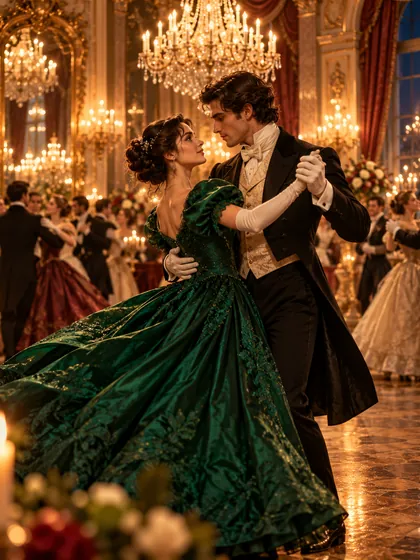 Couple waltzing in a candlelit ballroom