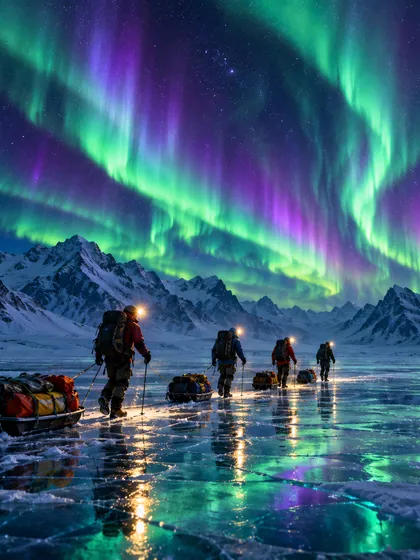 Expedition crossing the ice under the northern lights