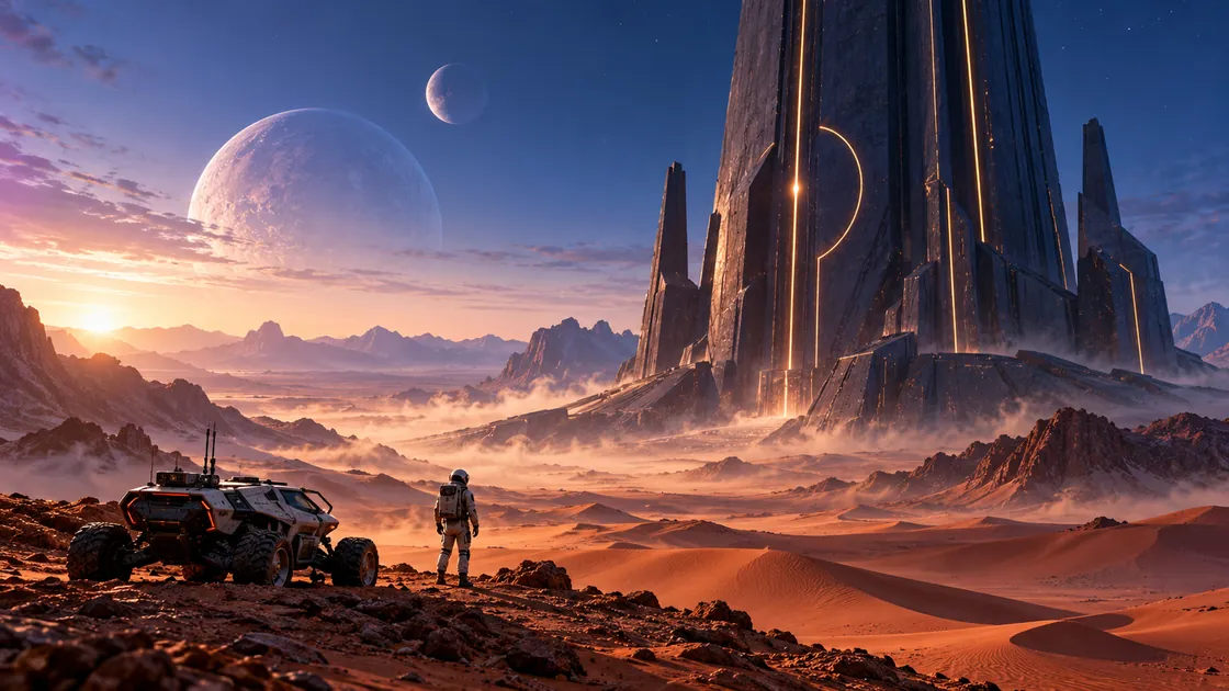 Explorer facing a giant monolith on a desert planet