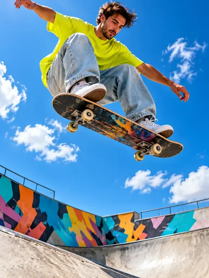 Skateboarder in mid-air above a colourful skate park
