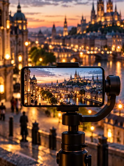 Phone on a gimbal filming an evening old town