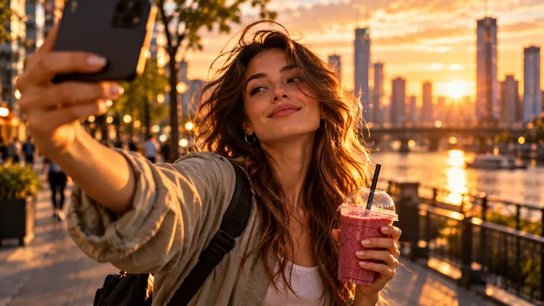 Woman taking a selfie with a smoothie on a city embankment